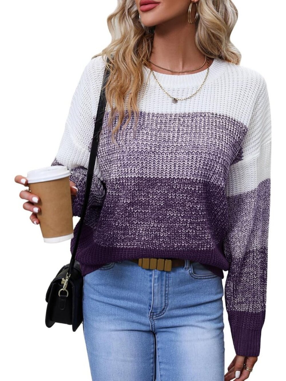 Cozy Women's Striped Color Block Sweater - Long Sleeve, Casual Loose Fit Knit